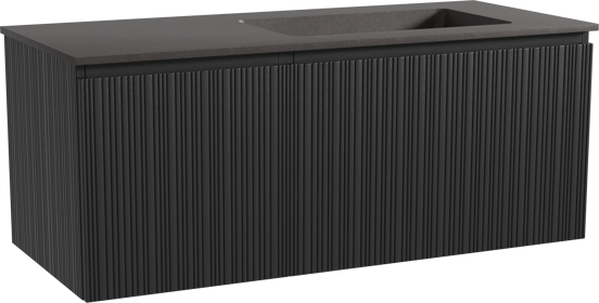 Storke Ribs zwevend badmeubel 120 x 52 cm zwart eiken met Scuro asymmetrisch rechtse wastafel in kwarts mat zwart, Verticale asymmetrische rechte ribbel