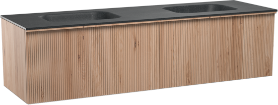 Balmani Forma zwevend badmeubel 180 x 55 cm naturel eiken met Tablo Arcato dubbele wastafel in graniet zwart graniet Verticale symmetrische rechte ribbel