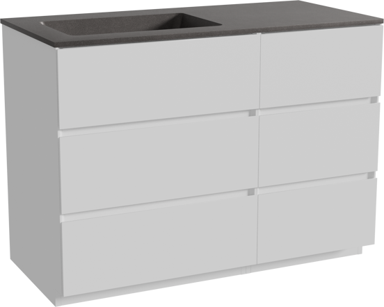 Storke Edge staand badkamermeubel 110 x 52 cm mat wit met Scuro asymmetrisch linkse wastafel in kwarts mat zwart