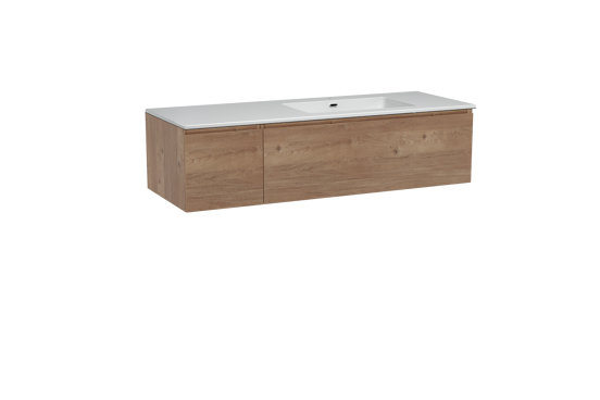 Storke Edge meuble salle de bains suspendu 140 x 52 cm chêne brut avec Diva plan vasque asymétrique à droite en marbre composite blanc brillant