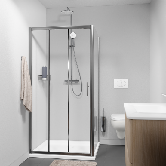 Linie Cadiz porte coulissante en trois parties 100 cm x 190 cm verre transparent profil chrome brossé