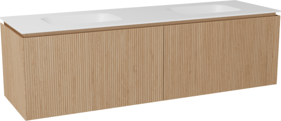 Balmani Eclips zwevend badkamermeubel 180 x 55 cm Natuur eik met Tablo Arcato dubbele wastafel in Solid Surface mat wit, Verticale symmetrische rechte ribbel