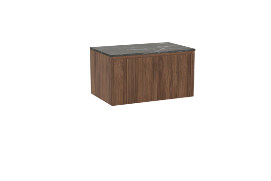 Balmani Fila zwevend badkamermeubel 90 x 55 cm notelaar met Stretto enkel tablet in marmer pietra grey, Verticale symmetrische rechte ribbel