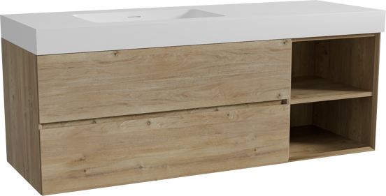Storke Edge zwevend badmeubel 150 x 52 cm ruw eiken met Mata High asymmetrisch linkse wastafel in solid surface mat wit