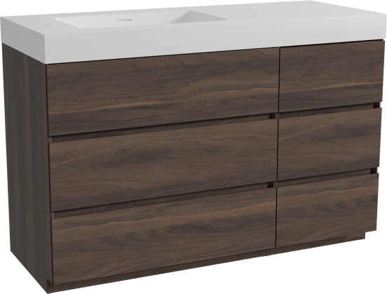 Storke Edge freistehendes Möbelstück Set: 130 x 52 cm, Nussbaum, mit Mata High Waschtisch links, Solid Surface Weiß matt