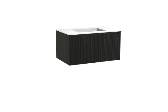 Balmani Fila hängendes Möbelstück Set: 90 x 55 cm, Schwarze Eiche, mit Tablo Stretto Einzelwaschtisch, Solid Surface, Weiß matt, Vertikale symmetrische gerade Rippe