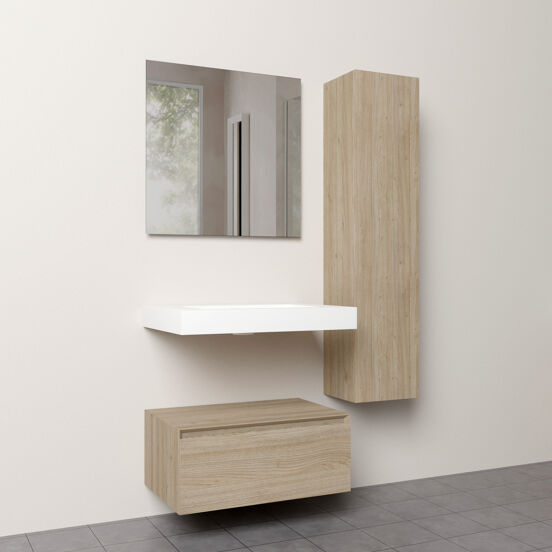 Storke Edge Modulo hängendes Möbelstück Set: 75 x 52 cm, Rohe Eiche, mit Mata High Einzelwaschtisch im Solid Surface Weiß matt, Soto Badspiegel und Edge Modulo Badhochschrank