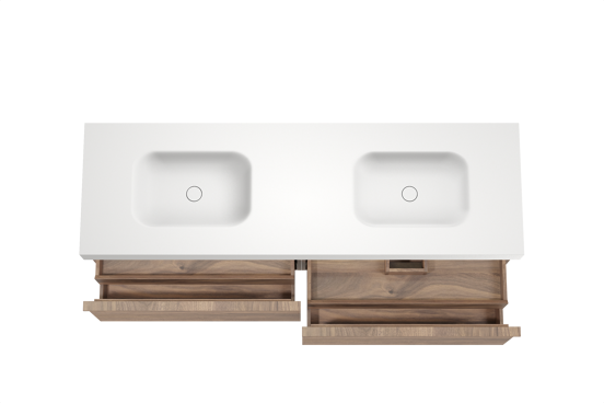 Balmani Forma zwevend badkamermeubel 180 x 55 cm amerikaanse notelaar met Arcato dubbele wastafel in solid surface mat wit, Horizontale symmetrische rechte ribbel