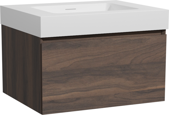 Storke Edge zwevend badkamermeubel 65 x 52 cm notelaar met Mata High enkele wastafel in solid surface mat wit