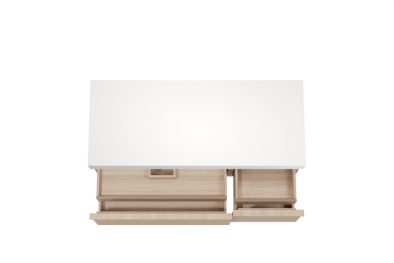 Balmani Forma hängendes Möbelstück Set: 135 x 55 cm, Naturbelassene Eiche, mit Dominus Einzel- oder Doppel Waschtischplatte, Solid Surface, Weiß matt, Horizontale symmetrische gerade Rippe