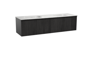 Balmani Forma zwevend badkamermeubel 180 x 55 cm zwarte eik met Tablo Arcato dubbele wastafel in marmer carrara, Verticale symmetrische rechte ribbel