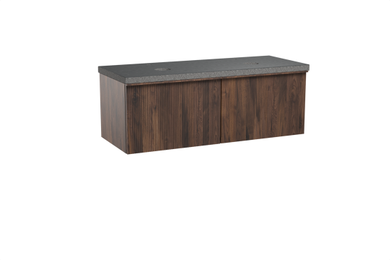 Balmani Forma hängendes Möbelstück Set: 135 x 55 cm, Amerikanischer Nussbaum, mit Rock Doppel Waschtischplatte, Granit, Schwarzes Granit, Vertikale symmetrische gerade Rippe