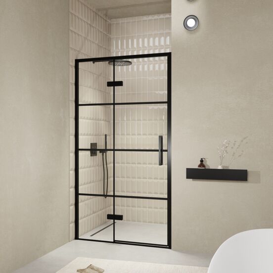 Balmani Senses Design douche draaideur links 120 cm x 210 cm Lined glas, Zwarte profielen, met coating