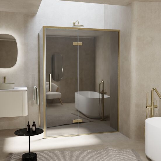 Balmani Senses Design douche en coin avec porte pivotante à droite et paroi latérale fixe, 140 x 100 cm, Miroir Reflex, Profil Brushed Champagne Gold, coating inclus