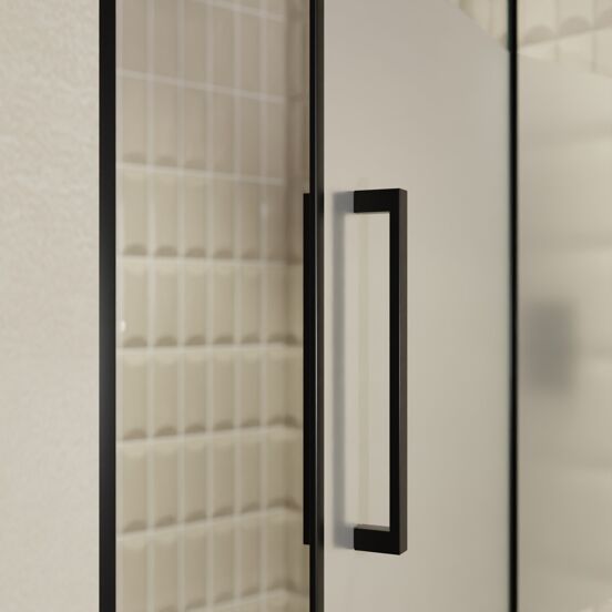 Balmani Senses Design douche draaideur rechts 120 cm x 210 cm Helder glas met matte strook, Zwarte profielen, met coating