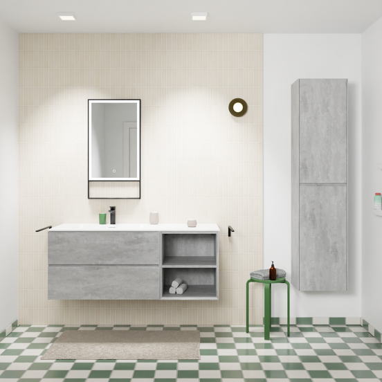 Storke Edge meuble salle de bains suspendu 130 x 52 cm béton gris foncé avec Mata plan vasque asymétrique à gauche en solid surface blanc mat