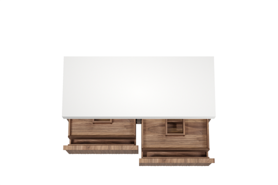 Balmani Forma hängendes Möbelstück Set: 135 x 55 cm, Amerikanischer Nussbaum, mit Dominus Einzel- oder Doppel Waschtischplatte, Solid Surface, Weiß matt, Vertikale asymmetrische Runde Rippe