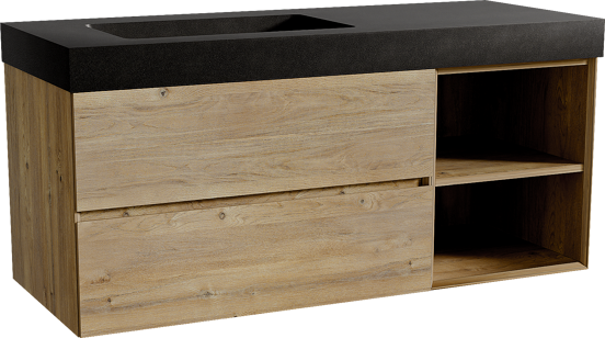 Storke Edge meuble salle de bains suspendu 130 x 52 cm chêne brut avec Scuro High plan vasque asymétrique à gauche en quartz noir mat