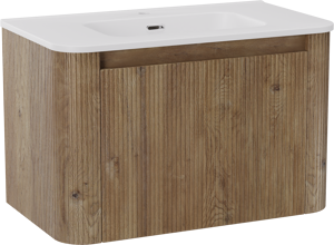 Storke Soft zwevend badkamermeubel 80 x 46 cm ruwe eik met Kera Soft enkele wastafel in porselein mat wit, Verticale symmetrische rechte ribbel