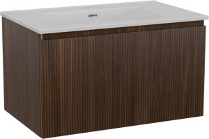 Storke Ribs meuble salle de bains suspendu 85 x 52 cm noyer avec Kera plan simple en céramique blanc brillant