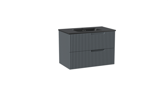 Linie Ribbo meuble salle de bains suspendu 80 x 46 cm bleu anthracite avec Baro plan simple en porcelaine noir mat, Nervure circulaire symétrique verticale