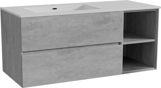Storke Edge hängendes Möbelstück Set: 120 x 52 cm, Beton dunkelgrau, mit Diva Waschtisch links, Marmorkomposit Weiß glänzend
