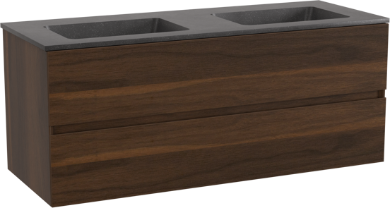 Storke Edge zwevend badkamermeubel 120 x 46 cm notelaar met Scuro dubbele wastafel in kwarts mat zwart