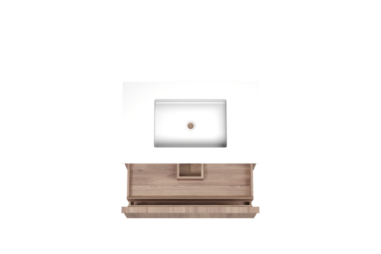 Balmani Forma zwevend badkamermeubel 90 x 55 cm teak met Tablo Stretto enkele wastafel in solid surface mat wit, Verticale symmetrische rechte ribbel