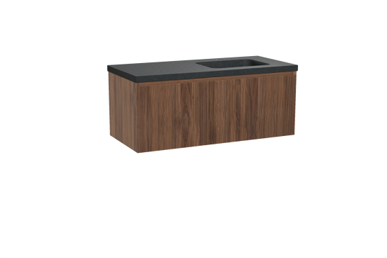 Balmani Fila hängendes Möbelstück Set: 120 x 55 cm, Nussbaum, mit Napoli Waschtisch rechts, Granit, Schwarzes Granit, Vertikale symmetrische gerade Rippe