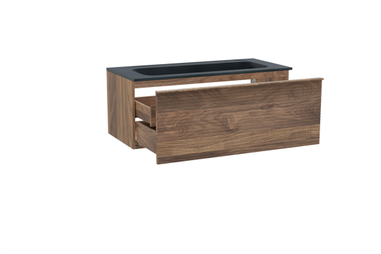 Balmani Forma zwevend badkamermeubel 120 x 55 cm amerikaanse notelaar met Tablo Strada enkele wastafel voor 2 kraangaten in composietmarmer mat zwart, Horizontale symmetrische rechte ribbel