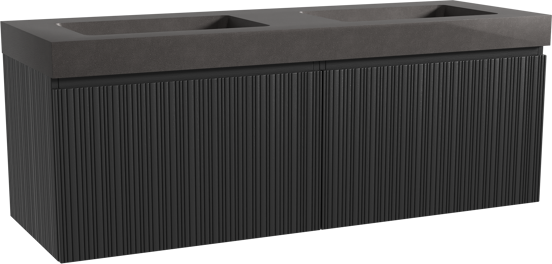 Storke Ribs zwevend badmeubel 150 x 52 cm zwart eiken met Scuro High dubbele wastafel in kwarts mat zwart, Verticale asymmetrische rechte ribbel