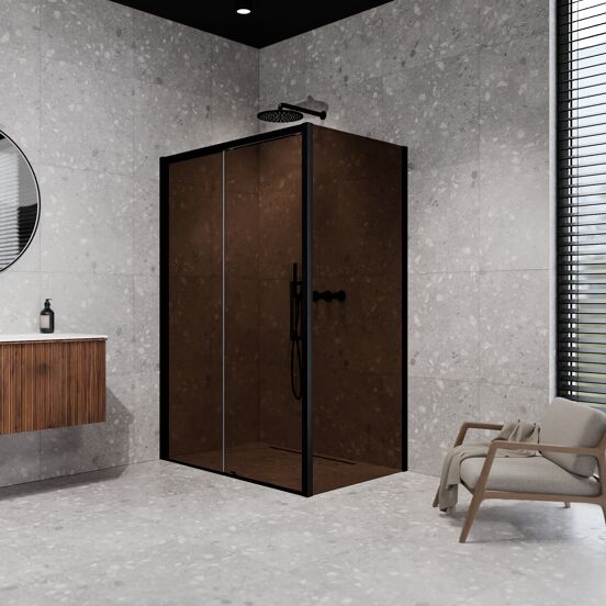 Balmani Senses Design douchehoek met linkse schuifdeur en vaste zijwand, 160 x 80 cm, Brons, Mat zwart profielen