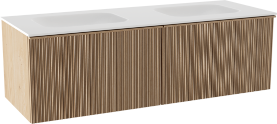 Balmani Forma zwevend badmeubel 150 x 55 cm naturel eiken met Tablo Arcato dubbele wastafel in solid surface mat wit, Verticale asymmetrische ronde ribbel