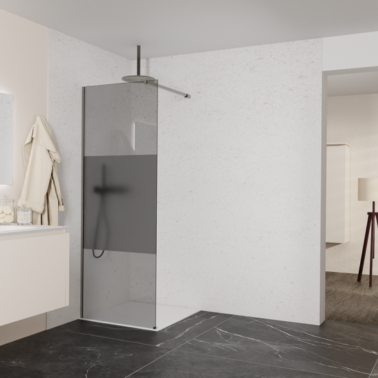 Balmani Modular Walk-In Dusche: 80 x 200 cm, Rauchglas mit mattiertem Streifen, inklusive Coating, Profil Brushed GunMetal