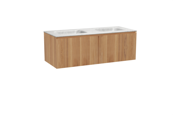 Balmani Idra hängendes Möbelstück Set: 135 x 55 cm, Teak, mit Tablo Arcato Doppelwaschtisch, Marmor Carrara