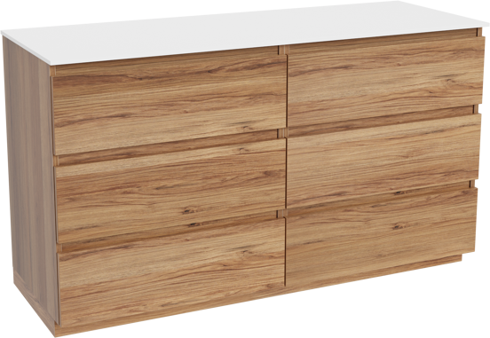 Balmani Lucida staand badkamermeubel 150 x 55 cm teak met Stretto enkel of dubbel tablet in solid surface mat wit