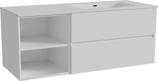 Storke Edge meuble salle de bains suspendu 130 x 52 cm blanc brillant avec Diva plan vasque asymétrique à droite en marbre composite blanc brillant