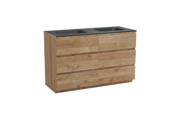 Balmani Lucida staand badkamermeubel 135 x 55 cm ruwe eik met Tablo Arcato dubbele wastafel in graniet zwart
