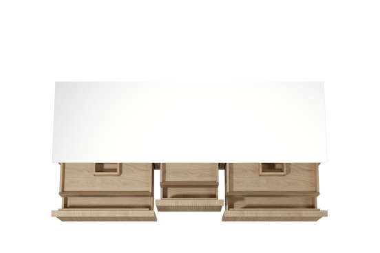 Balmani Forma zwevend badkamermeubel 180 x 55 cm natuur eik met Stretto enkel of dubbel tablet in solid surface mat wit, Verticale symmetrische rechte ribbel