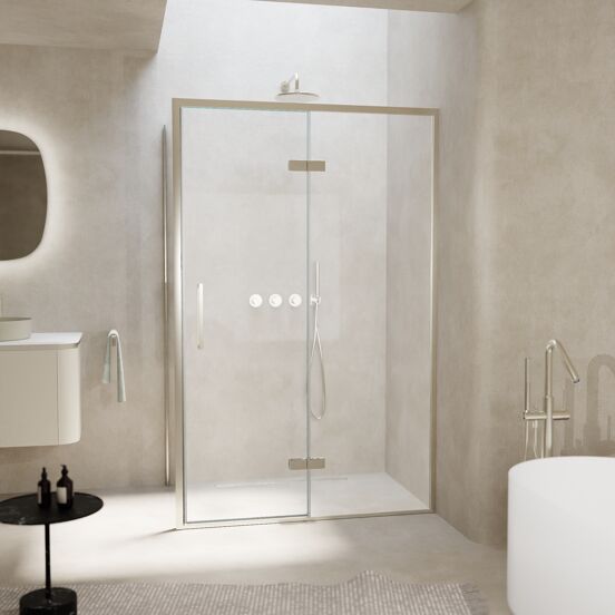 Balmani Senses Design douchecabine met rechtse draaideur en vaste zijwand, 120 x 90 cm, Helder glas, Brushed CoolMetal profielen, met coating