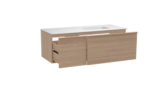 Balmani Forma zwevend badmeubel 135 x 55 cm naturel eiken met Tablo Arcato asymmetrisch rechtse wastafel in solid surface mat wit, Horizontale symmetrische rechte ribbel