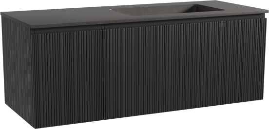 Storke Ribs meuble salle de bains suspendu 130 x 52 cm chêne noir avec Scuro vasque asymétrique droite en quartz noir mat, Nervure droite asymétrique verticale