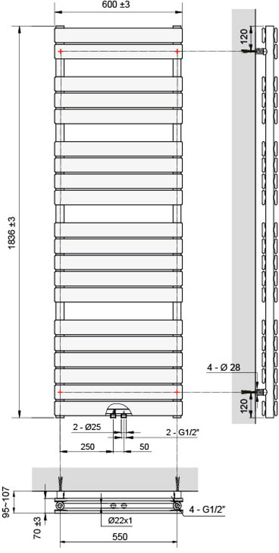 Vipera Vulcan doppel Handtuchheizkörper 60 x 183,5 cm elektrische Heizung weiß matt Seiten- und Mittelanschluss 1.975W, inkl. Widerstand, nicht für Deutschland geeignet