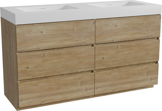 Storke Edge staand badmeubel 150 x 52 cm ruw eiken met Mata High dubbele wastafel in solid surface mat wit