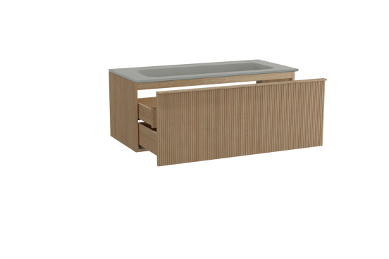 Balmani Forma zwevend badkamermeubel 120 x 55 cm natuur eik met Tablo Strada enkele wastafel voor 2 kraangaten in composietmarmer zijdegrijs, Verticale symmetrische rechte ribbel