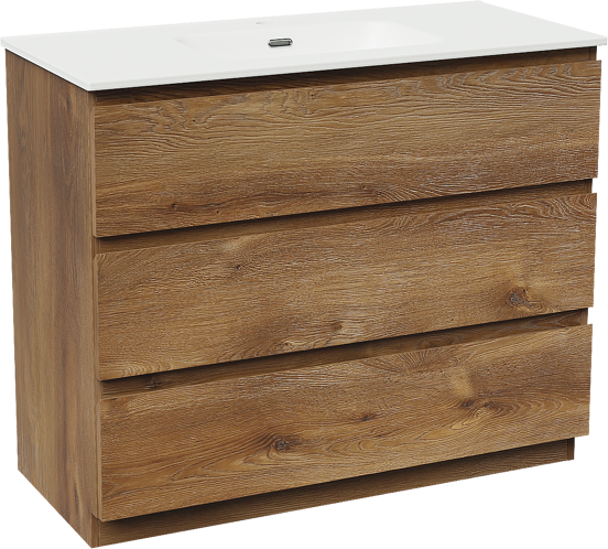 Linie Lado freistehendes Möbelstück Set: 100 x 46 cm, Braune Eiche, mit Baro Einzelwaschtisch, Porzellan Weiß matt