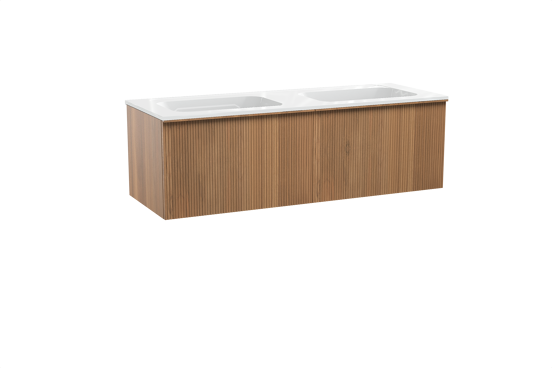 Balmani Forma zwevend badmeubel 150 x 55 cm teakhout met Tablo Strada dubbele wastafel in composietmarmer hoogglans wit, Verticale symmetrische rechte ribbel