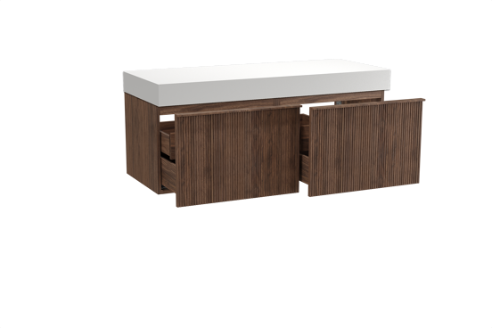 Balmani Forma hängendes Möbelstück Set: 135 x 55 cm, Amerikanischer Nussbaum, mit Dominus Einzel- oder Doppel Waschtischplatte, Solid Surface, Weiß matt, Vertikale symmetrische gerade Rippe
