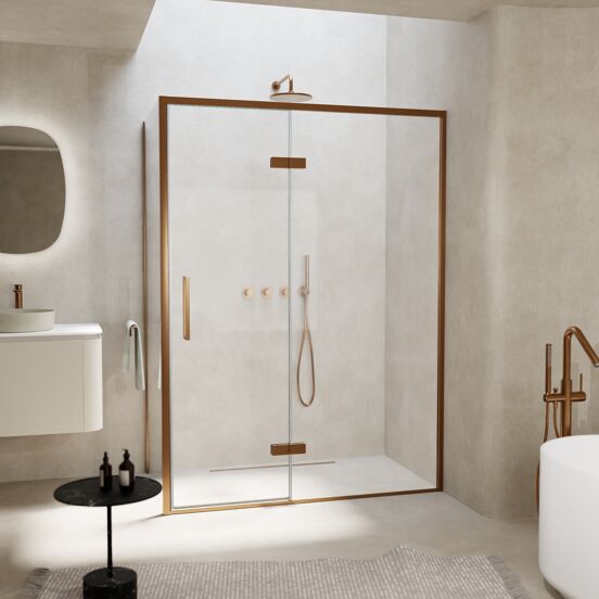Balmani Senses Design douchehoek met rechtse draaideur en vaste zijwand, 140 x 70 cm, Helder glas, Brushed Rosegold profielen, met coating