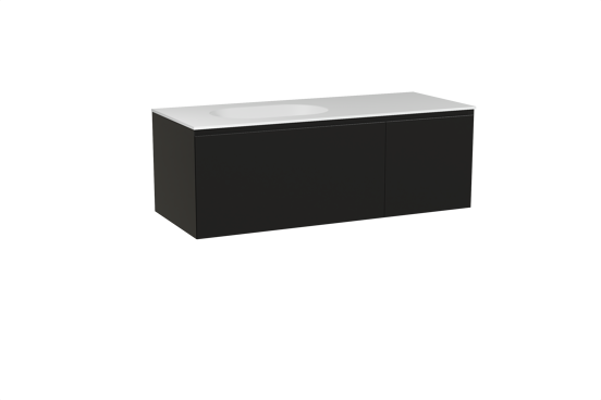 Balmani Idra zwevend badkamermeubel 135 x 55 cm mat zwart met Tablo Oval asymmetrisch linkse wastafel in solid surface mat wit